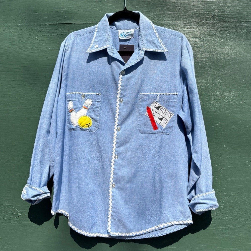 Vintage Cottage Krafts Bowling Shirt Blue Rickrack Applique Retro 1950s Womens L - Picture 2 of 7